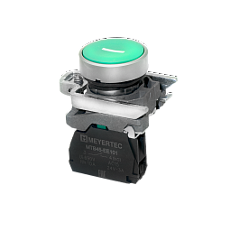 MTB4-BA31521. Кнопка плоская зеленая, маркировка "I", 1NO, IP65, металл